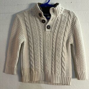 Boys, adorable cream colored cable knit sweater with fleece trim inside collar